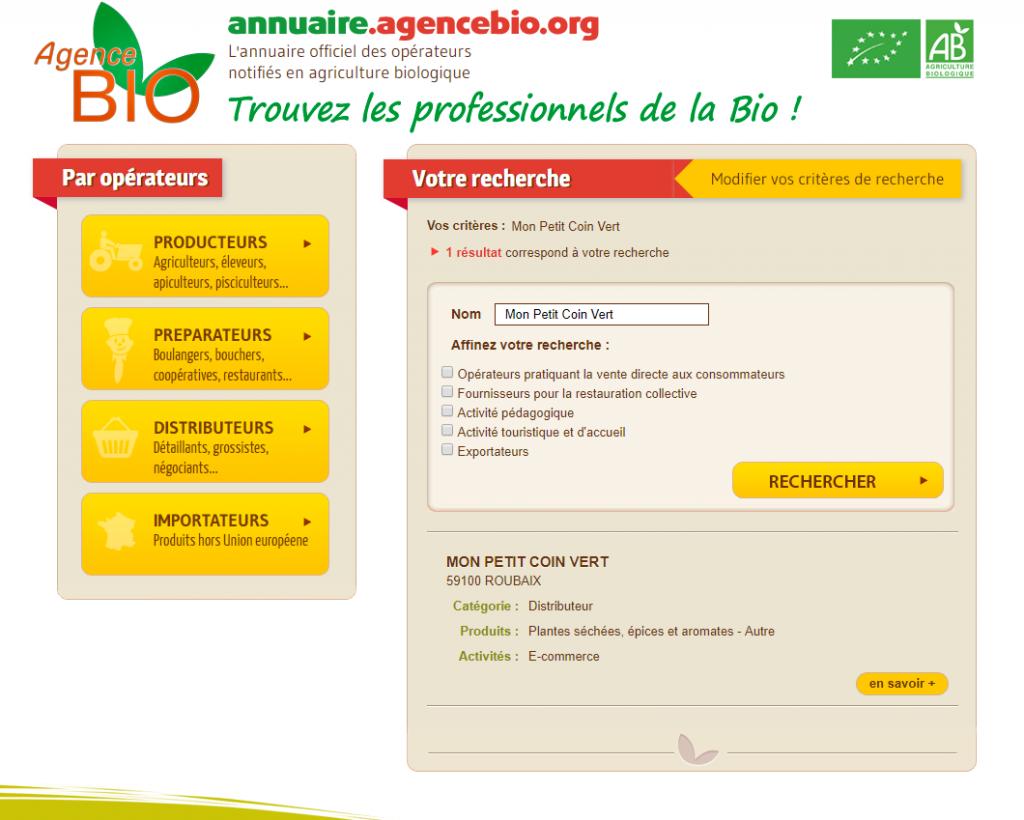 L'annuaire de l'agence bio : il suffit de renseigner le nom de l'entreprise qui vend les sachets de graines pour savoir s'ils sont certifié ECOCERT