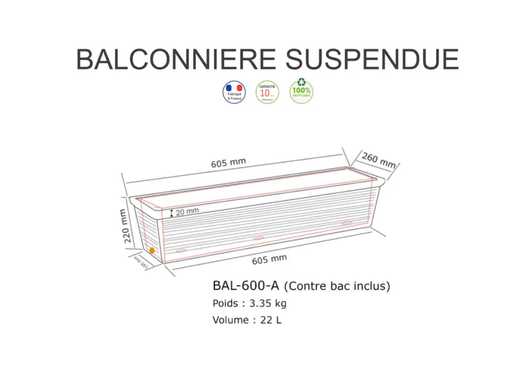Balconnière droite Papi avec contre bac 100% recyclé 